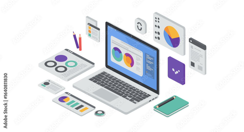 Poster modern isometric workspace with laptop and data visualization elements