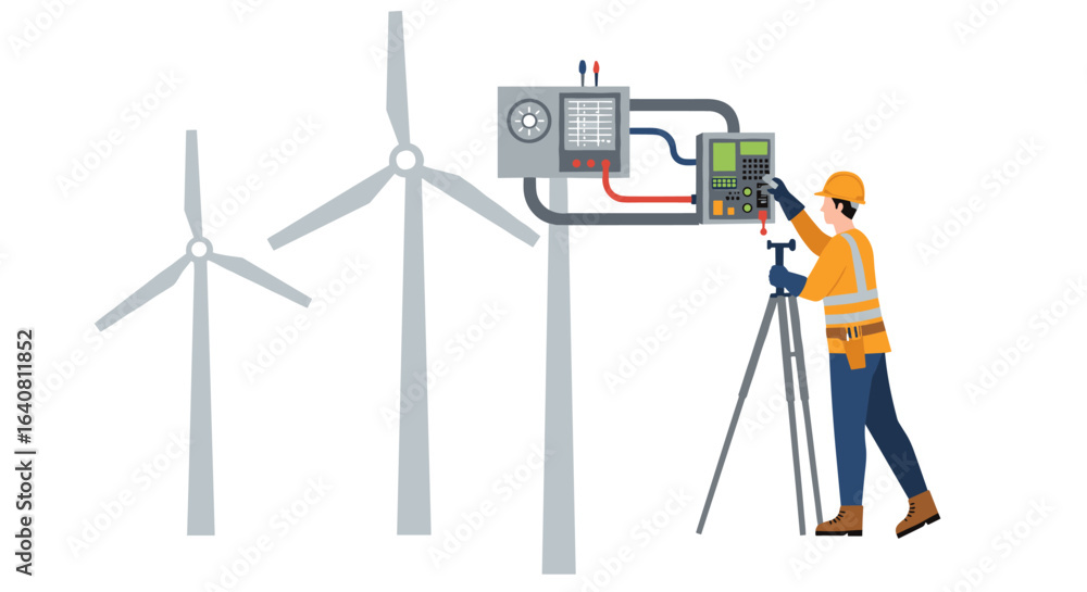 Poster engineer operating control panel for wind turbine maintenance in flat design