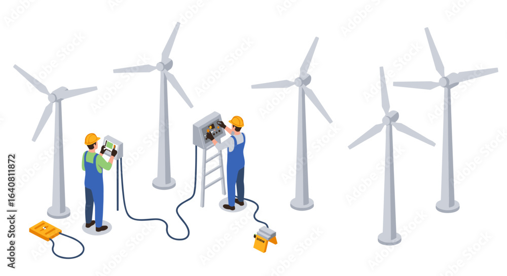 Poster technicians maintaining wind turbines in isometric 3d style
