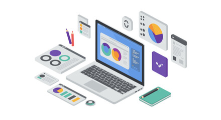 Modern isometric workspace with laptop and data visualization elements