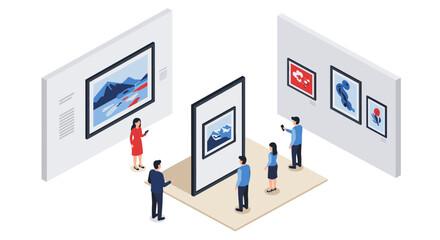 Immersive art gallery with people viewing modern isometric exhibitions