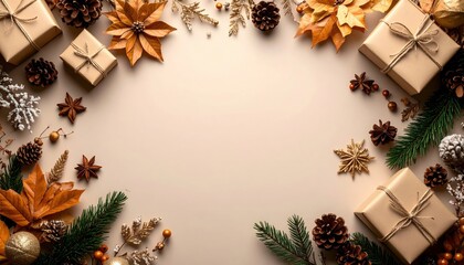 Festive holiday gift arrangement cozy atmosphere decorative content seasonal vibes overhead view celebration concept