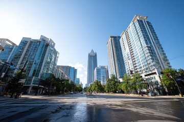 Obraz premium Urban Landscape Featuring Modern Skyscrapers on a Bright Day