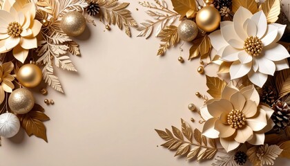 Elegant golden floral arrangement for festive decor holiday season digital artwork minimalistic background top-down view luxury aesthetic