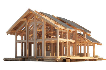 Wooden house under construction, visible frame