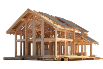 Wooden house under construction, visible frame
