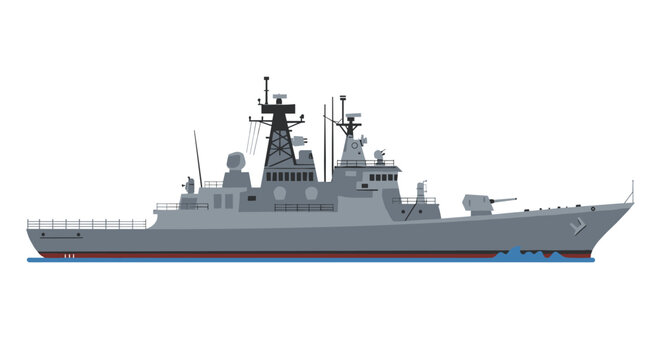Modern warship side view in flat design with minimalist detailing
