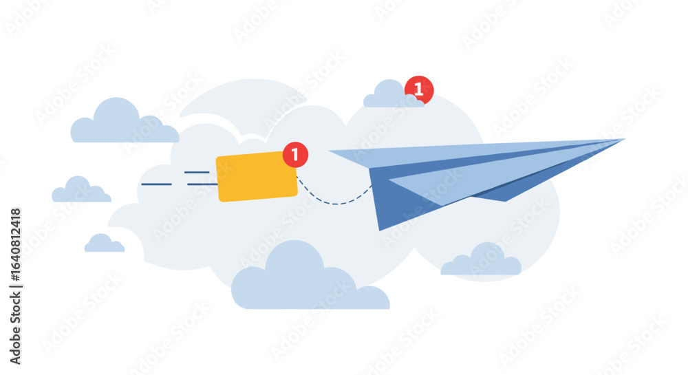 Aufkleber digital communication concept with mail notification and paper plane in clouds