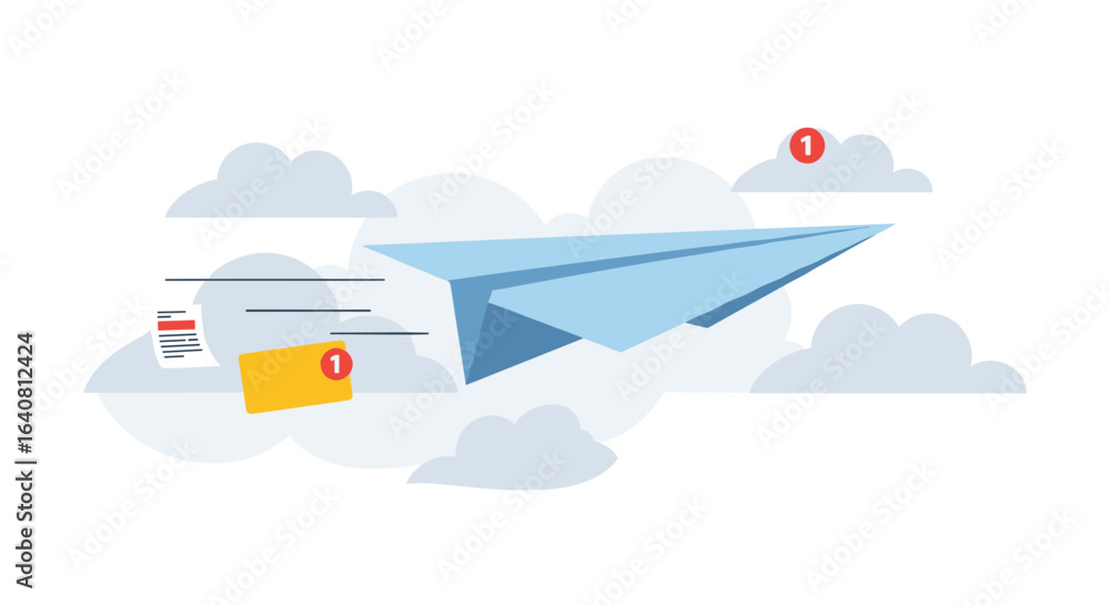 Poster paper airplane in cloudy sky with envelopes and notifications