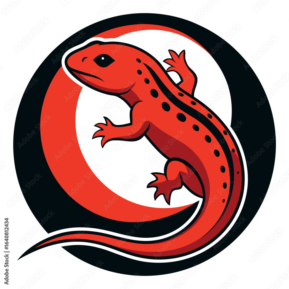 Poster bright red lizard displayed in a dynamic circular design featuring bold black and white elements