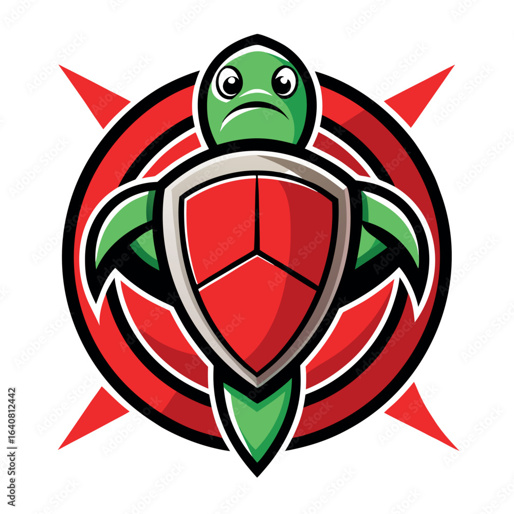Poster cartoon turtle character with a shield and red background design showcasing strength and determinati