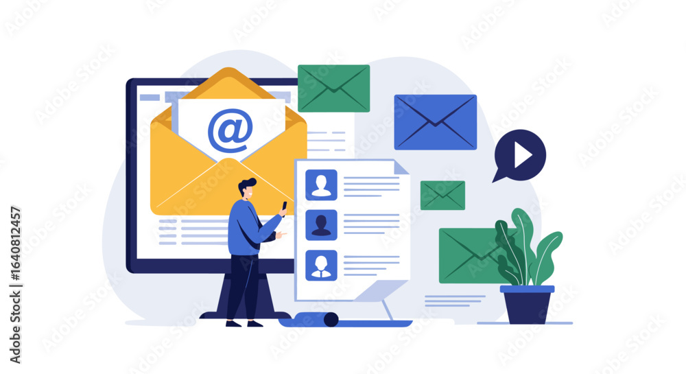 Poster digital communication and email concept with icons and graphics