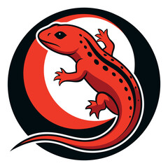 Bright red lizard displayed in a dynamic circular design featuring bold black and white elements