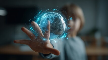 Child Interacting with a Digital Globe Hologram, Showing Future Technology and Global Communication Networks