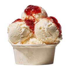Creamy vanilla ice cream scoops in a small white cup, topped with red jelly