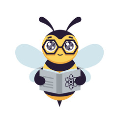 Naklejka premium Smart Cartoon Bee Character Wearing Glasses and Reading a Science Book