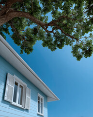 Low angle view blue house white window under green tree branch with clear sky, peaceful summer residential exterior
