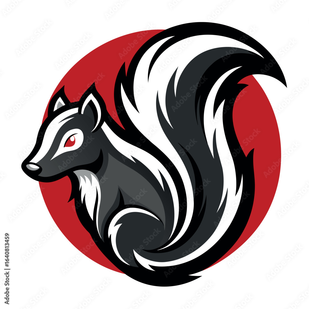 Poster Artistic depiction of a skunk in dynamic pose against a bold red circle background