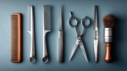 Hair stylist tools comb, scissors, razor, brush, and shears arranged neatly on blue background, professional and clean