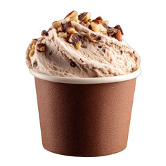 Light brown ice cream in a brown paper cup, topped with nuts and chocolate pieces