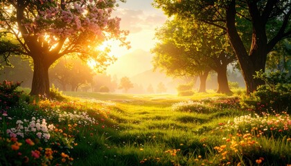 Serene sunrise in a blossoming meadow scenic nature landscape vibrant flora tranquil environment peaceful viewpoint natural beauty concept