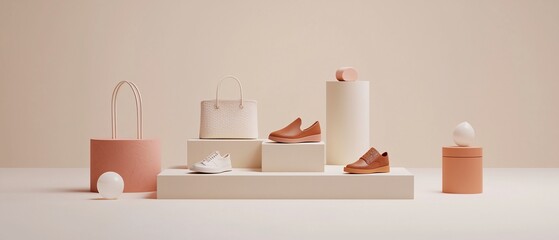 Fashionable accessories and shoes arranged on geometric platforms in soft pastel tones