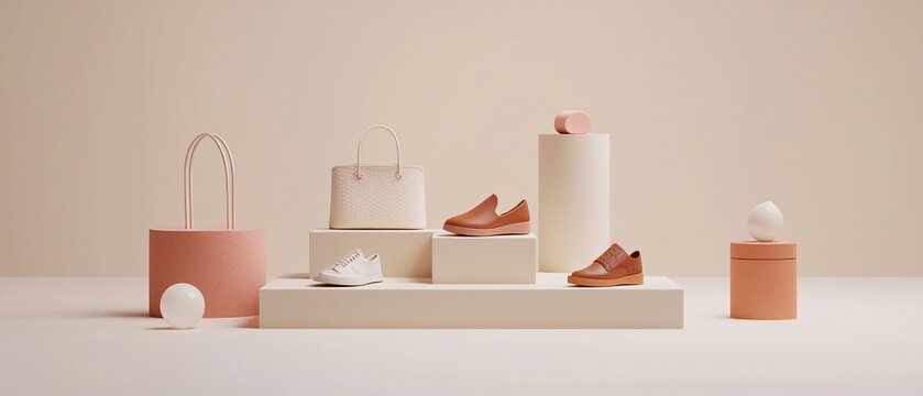 Fashionable accessories and shoes arranged on geometric platforms in soft pastel tones