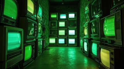 Retro TVs glow in a dark room