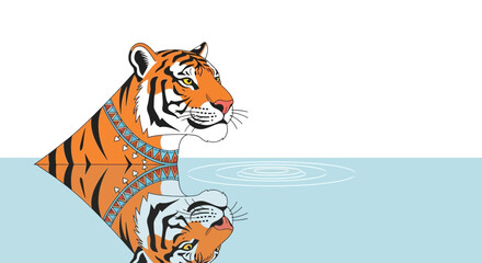 Reflecting Tiger With Ornamented Neck In The Water Vector Illustration