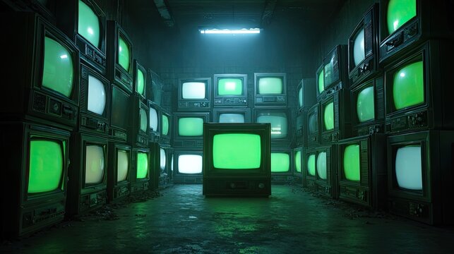 Retro televisions in a dimly lit room.  Many vintage cathode ray tube TVs, some with green screens,  are densely packed in a dimly lit space. A central TV has a solid green screen