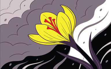 Naklejka premium Surreal colorful vector illustration of a delicate white flower with glowing fiery orange core dramatic contrast and ethereal abstract energy