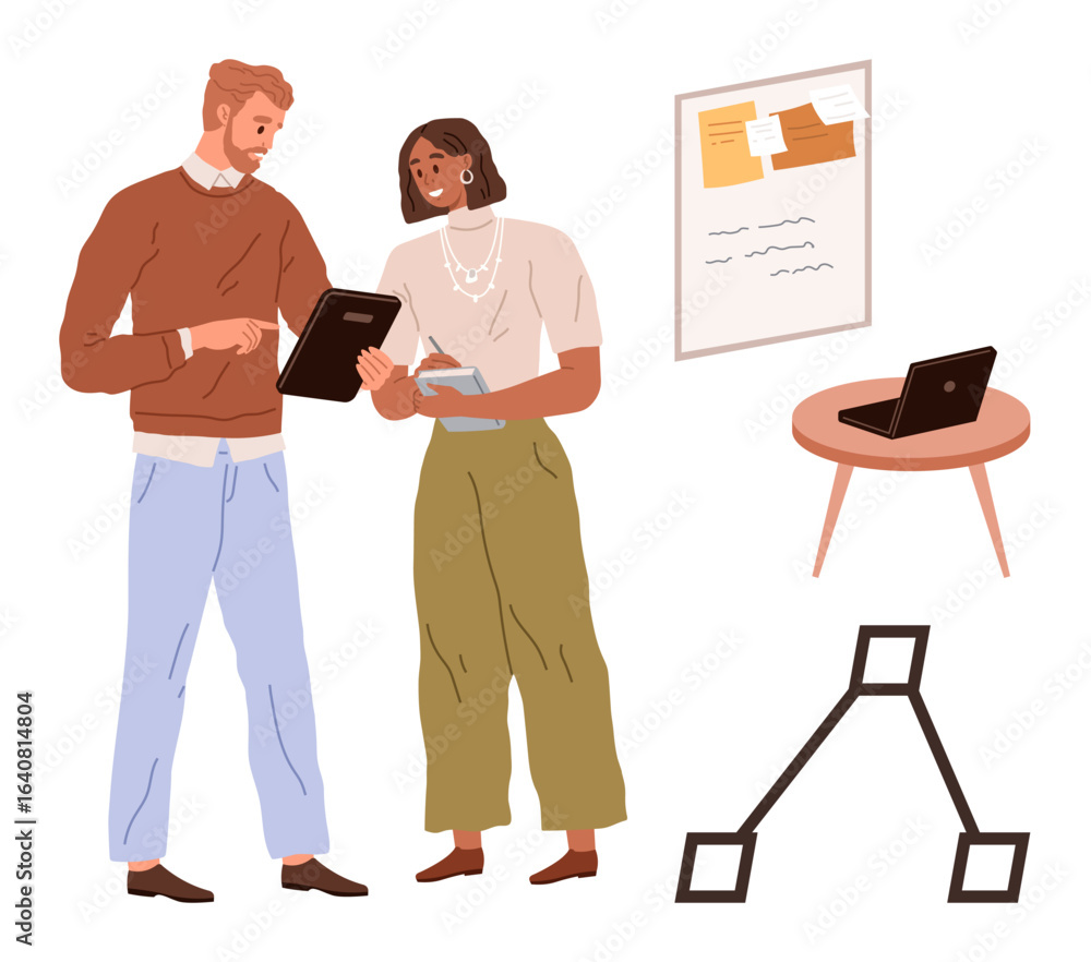 Aufkleber two professionals discussing tasks with clipboard and notes, standing near workspace elements. ideal