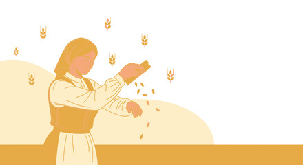 Vintage Woman Farmer Sowing Grain Seeds Cultivating Agriculture Illustration