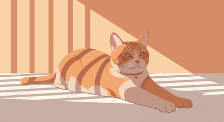 Striped Tabby Cat Lounging in Sunlight on Floor Indoors Minimalist Design