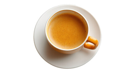 Close-Up Image of Creamy Coffee in Modern Cup on Oval White Plate Against Bright Background for Beverage and Lifestyle Themes