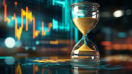 A sleek hourglass with flowing sand stands against a backdrop of vibrant financial charts, symbolizing time and investment.