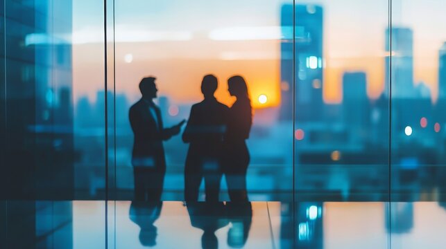Silhouettes of three professionals conversing against a sunset backdrop in a modern office setting, highlighting collaboration and business dynamics.