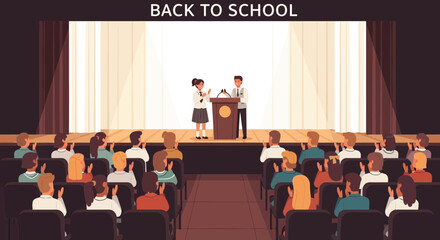 Students speaking at podium on stage with audience clapping, back to school event or speech in an auditorium setting with curtain backdrop