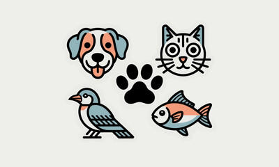 Pet Icons Set – Cute Dog Face, Cat Face, Bird, Fish and Paw Print Flat Vector Illustrations in Minimal Outline and Pastel Colors for Pet Care Branding, Veterinary Clinic, Pet Store and Adoption