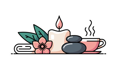 Relaxing spa set with aromatic soy candle, stacked black massage stones, steaming herbal tea cup, pink flower, rolled towel and green leaves for wellness, aromatherapy, massage therapy, selfcare