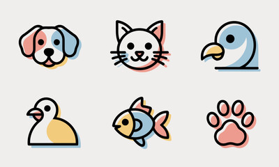 Set of Cute Pet Icons: Dog, Cat, Parrot, Duck, Fish and Paw Illustrations in Modern Flat Line Art Style for Pet Store Branding, Veterinary, Mobile App UI, Children's Products and Stickers