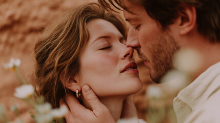 Fototapeta premium Intimate romantic couple moment with man gently touching woman's neck before kiss. Perfect Valentine's Day love portrait with warm golden lighting and soft bokeh background.