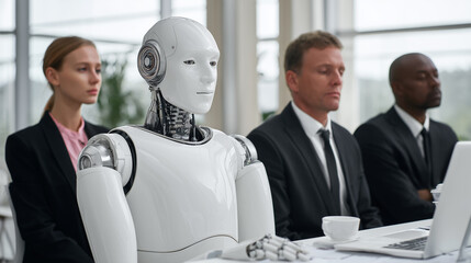 Robot colleague working with human business team in modern office meeting. Artificial intelligence automation integration replacing workers in corporate workplace.