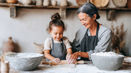 Grandmother and granddaughter cooking together in kitchen, rolling dough with flour. Multi-generational family baking, teaching cooking skills, bonding through traditional recipes.