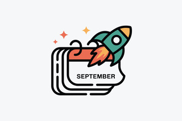 Fototapeta premium A cartoon calendar with the word september on it and a rocket ship flying out of the calendar