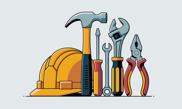 Stylish Construction Tools and Safety Helmet Vector Design, Perfect for Construction Industry, DIY Projects, and Home Renovation Crafts in a Modern, Eye-Catching Illustration Style