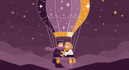 Naklejka premium Romantic Getaway Couple Enjoying a Hot Air Balloon Ride Under a Starry Night