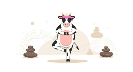 Naklejka premium Whimsical Cow in Tree Pose: A Funny Cartoon Illustration of a Meditating Dairy Animal