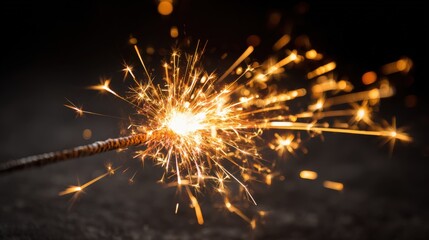 Sparkling Light Trail: Golden Festive Celebration with Burning Sparkler on Black Background