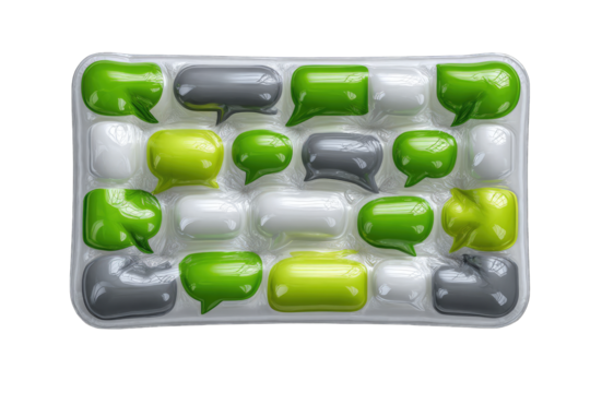 Rectangular array of colorful speech bubbles, arranged in a grid pattern - Powered by Adobe